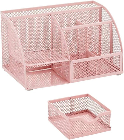 Annova Mesh Desk Organizer Office with 7 Compartments + Drawer/Desk Tidy Candy/Pen Holder/Multifunctional Organizer (Light Pink)