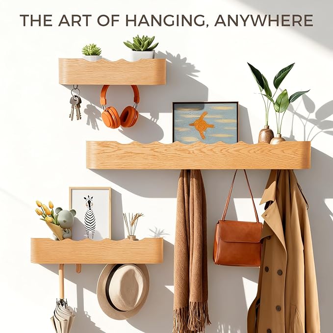 Wall Coat Rack Floating Shelves Modern Coat Rack Wall Mount with Storage Entryway Shelf Wooden Hanger 20 Inch 4 Hidden Metal Hooks for Living Room Bedroom (Wavy Oak, 5 Hooks)