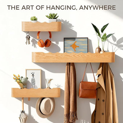 Wall Coat Rack Floating Shelves Modern Coat Rack Wall Mount with Storage Entryway Shelf Wooden Hanger 20 Inch 4 Hidden Metal Hooks for Living Room Bedroom (Wavy Oak, 5 Hooks)