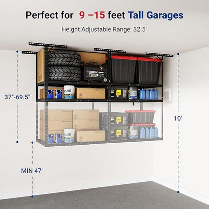 FLEXIMOUNTS 3x8 2-Tier Overhead Garage Storage Rack – Adjustable Heavy Duty Metal Garage Ceiling Storage Racks, 1000 lbs Capacity – Garages Organization System for 9–15 ft Tall Garages, Black