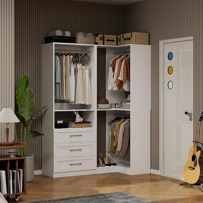 Corner Closet System, 31" Corner Closet Organizer With 3 Hanging Rods, Wood Walk In Closet System for Small Space, L Shaped Corner Closet, White