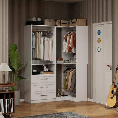 Corner Closet System, 31" Corner Closet Organizer With 3 Hanging Rods, Wood Walk In Closet System for Small Space, L Shaped Corner Closet, White