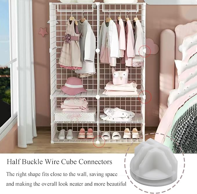 10Pcs Wire Cube Connectors, White Wire Cube Storage Connectors Half Buckle Wire Grid Cube Shelf Plastic Connectors for Wire Cube Storage Shelving Unit and Modular Closet Organizer, SATONBEYI