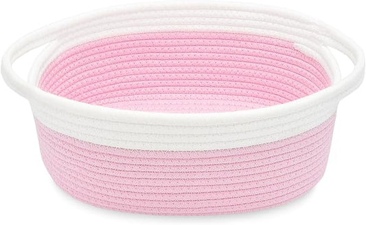 ABenkle Small Basket with Handles, Boho Decorative Rope Woven Dog Cat Toy Storage Bin Shelf Storage Organizer, Easter Christmas Gift Basket, 12"x8"x5", Pink
