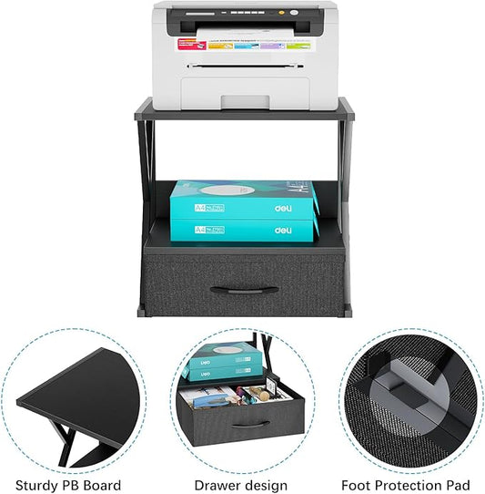 aboxoo Printer Stand for Desk with Storage Drawer, 2 Tier Desktop Or Under Desk Shelf, Multi-Purpose Desks Organizer for Home Office, fit Fax Machine/3D Printer/Scanner, Black