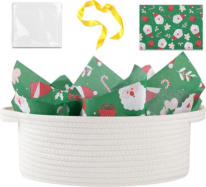 OIAHOMY Gift Basket with Handle, Small Woven Basket with Gift Bag, Ribbon and Wrap Tissue Paper, Nursery Bins Empty to Fill with Small Items, Baby, Pet Toy Organizer - White & Green