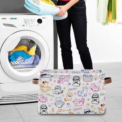 Rectangle Cat Storage Basket, Collapsible Storage Box Bin with Handles for Toy, Cat Laundry Hamper for Friend, Laundry Organizer for Room Nursery, Gifts for Chritsmas Thanksgiving 14.9x11x9.4in