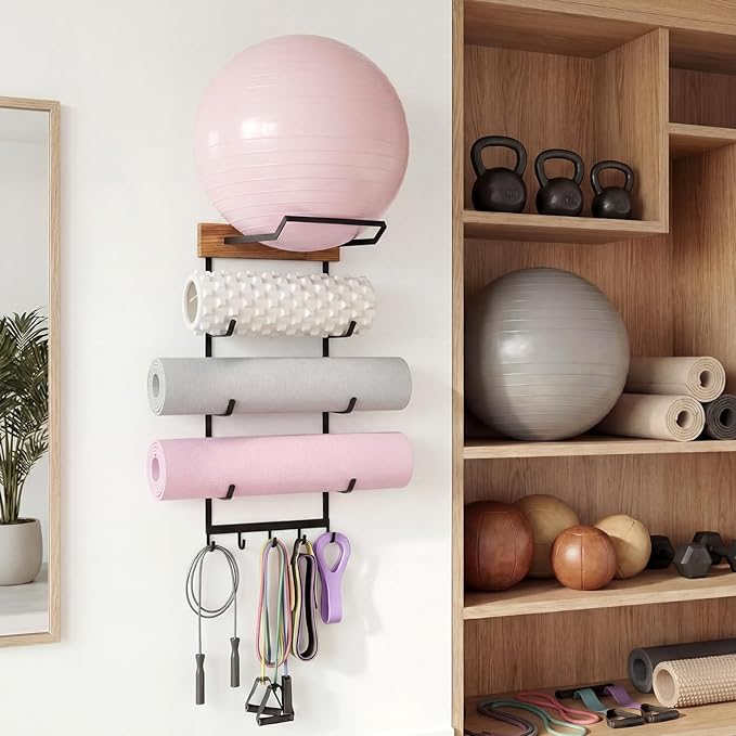 Geelin Yoga Mat and Ball Holder Wall Mount, 4 Tiers Yoga Mats and Ball Storage Rack, Home Gym Accessories Organizer, Black Metal Floating Shelf & 5 Hooks for Hanging Foam Rollers and Resistance Bands