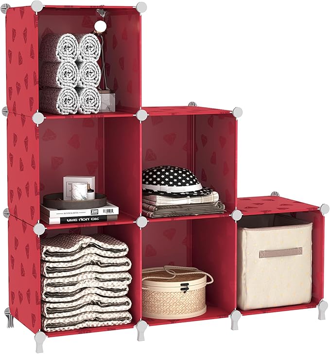 UNKU Cube Storage Organizer, 6 Cube Closet Organizer Storage Shelves, DIY Stackable Bookcase, Clothes Organizer Shelf for Closet, Bedroom, Living Room, Cabinet, Home, Office, Red