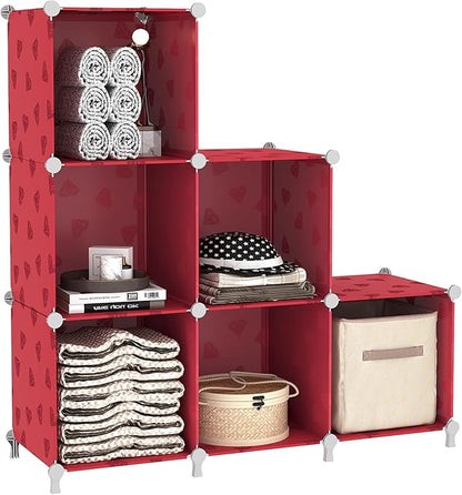 UNKU Cube Storage Organizer, 6 Cube Closet Organizer Storage Shelves, DIY Stackable Bookcase, Clothes Organizer Shelf for Closet, Bedroom, Living Room, Cabinet, Home, Office, Red