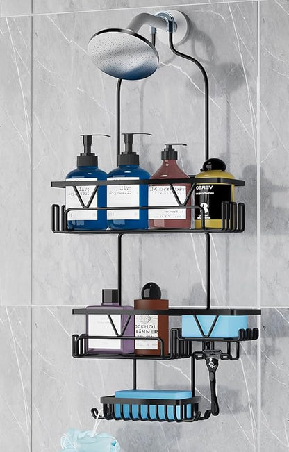Over the Shower Head Caddy with 2 Baskets & Soap Holder, Non-Slip Design for 0.82-Inch Showers, Black, Stainless Steel