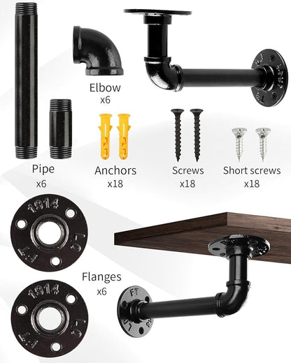 MUZIK Industrial Pipe Shelf Brackets, Wall Mount Floating Shelf Bracket Heavy Duty L Pipe Shelving Brackets for Shelves- Vintage Black Iron Finish DIY Pipe Shelf (7*4 Inch)