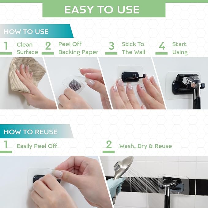 Hook LAB Strong Adhesive Shower Razor Holder, 2-Pack Waterproof Wall Hooks for Bathroom, Reusable & Removable No-Drill Hook for Razors, Towels & Accessories – Works on Tile, Glass & Metal - White