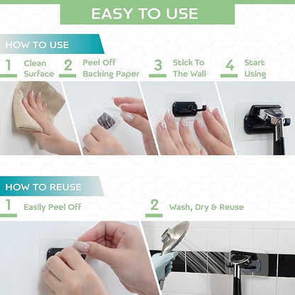 Hook LAB Strong Adhesive Shower Razor Holder, 2-Pack Waterproof Wall Hooks for Bathroom, Reusable & Removable No-Drill Hook for Razors, Towels & Accessories – Works on Tile, Glass & Metal - White