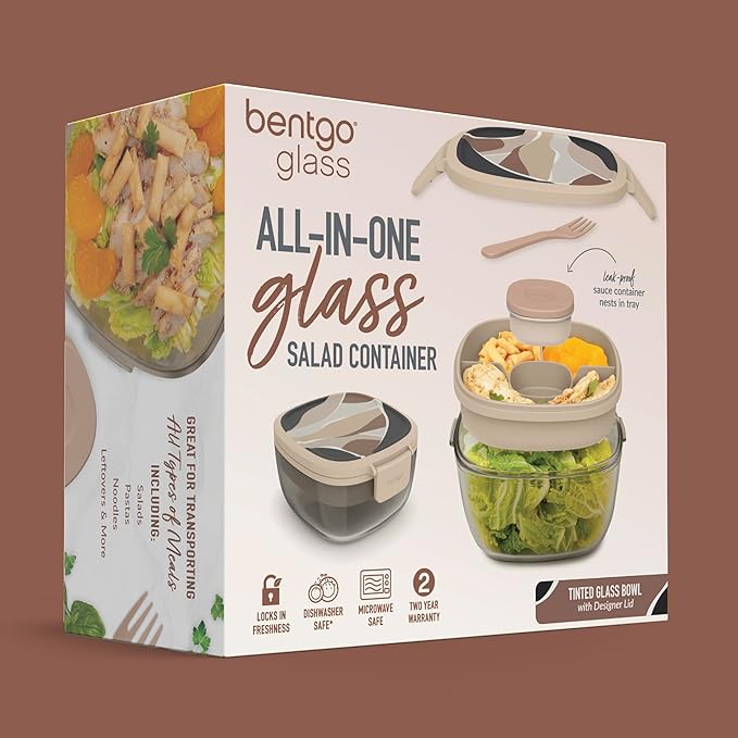 Bentgo Glass Prints Salad Container - 7.6-Cup Tinted Glass Salad Bowl with Airtight Lid, Leak-Proof Sauce Container, 4-Compartment Bento Meal Prep Tray & Reusable Fork (Inky Abstract - Neutrals)