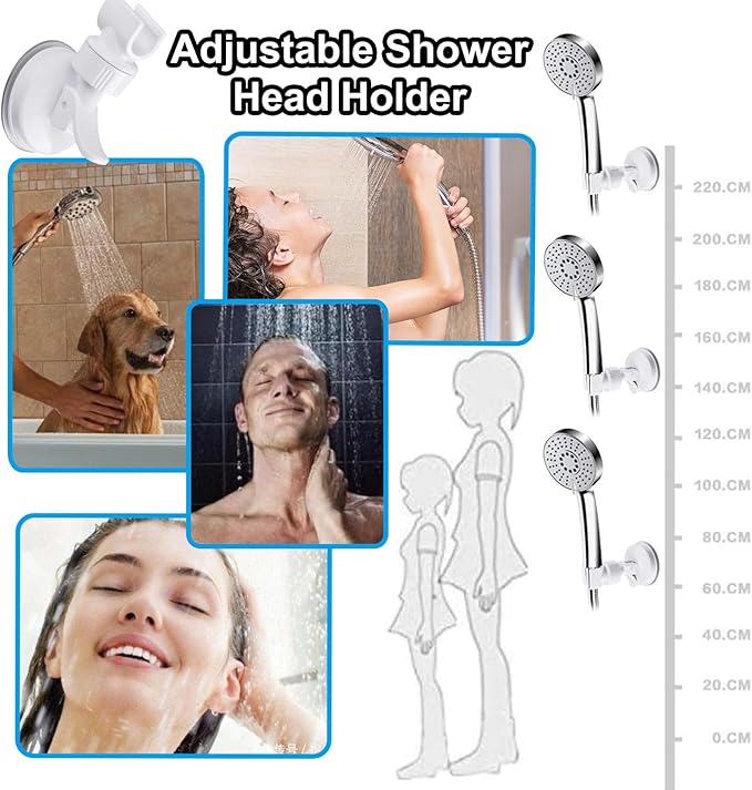 Adjustable Shower Head Holder, Wall Mount, ABS Plastic, Silver/White, 2.7 Inch Suction Cup, 360 Swivel, Easy Install, Strong Adsorption, Fits Most Shower Heads, Suitable for Smooth Surfaces