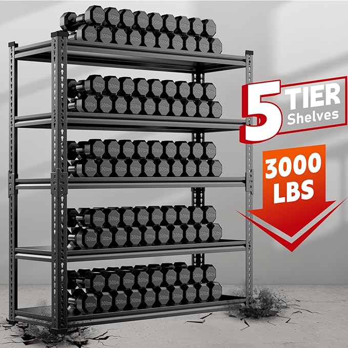 Garage Shelving, 5-Tier 3000LBS Heavy Duty Storage Rack with Sag-Proof Aluminum Deck, Adjustable Boltless Shelves 72" H x 48" W x 24" D for Garage, Basement & Workshop