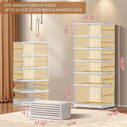 6-Tier Foldable Shoe Rack for Closet Entryway 6-12Pairs,Stackable Clear Shoe Storage Boxes Organizer with Door Plastic Small Shoe Cabinet Bins with Lids Narrow Shoe Shelf Easy Assembly