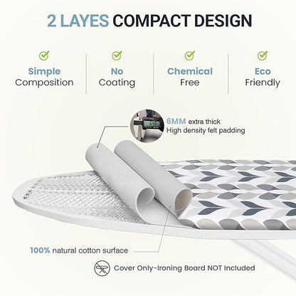 Ironing Board Cover and Pad 15"x54" Extra Thick Natural Cotton, Scorch and Stain Resistant Padding, Standard Size Iron Board Cover with Fasteners Heavy Duty Elastic Edge, Heatproof Foliage