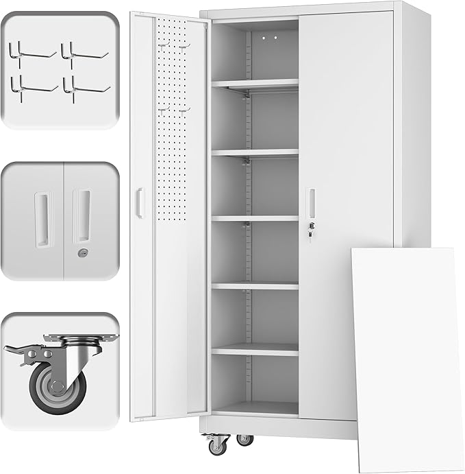 Garage Storage Cabinet with Wheels and Pegboard, Lockable Metal Storage Cabinet with 5 Adjustable Shelves and 2 Doors for Garage,Home, Assembly Required, White, 71" H x 34" W x 18" D