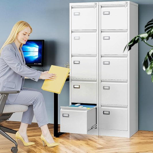 5 Drawer File Cabinet with Lock, Metal Filing Cabinets for Home Office, Vertical White Locking File Caninet, Steel Narrow Five Drawer File Cabnet for Letter/Legal / A4 / B4- Assembly Required
