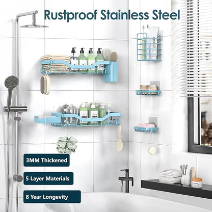 Shower Caddy Adhesive Shower Organizer 7-Pack, Rustproof Stainless Steel Bathroom Shelves, Large Capacity No-Drill Rack Storage Accessories with Soap Dish Toothbrush Holder Hooks