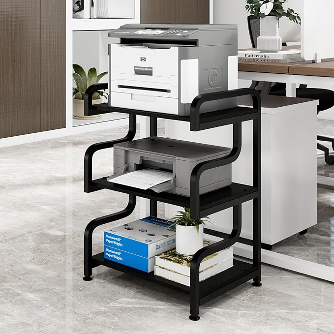 Natwind 3-Tier Printer Stand with Wheels Movable Storage Cart Floor-Standing Multi-Purpose Shelf Rack for Media Player Scanner Files Books Microwave Oven in Kitchen Living Room Home Office (Black)