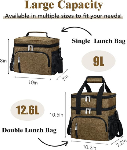 Insulated Lunch Bag for Men & Women, Double Leakproof Lunch Box Soft Cooler Tote with 5 Pockets, 600D Oxford, EVA Lining, Adjustable Strap for Work, Picnic, Beach&Travel-Coffee