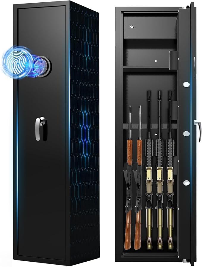 Marcree Biometric Gun Safe, 5-7 Quick Access Rifle Safe with Inner Lock Box, Shotgun Safe with Digital Keypad, Assembled Gun Cabinet with Removable Shelf for Home Bedroom, LED Light, Fingerprint Lock