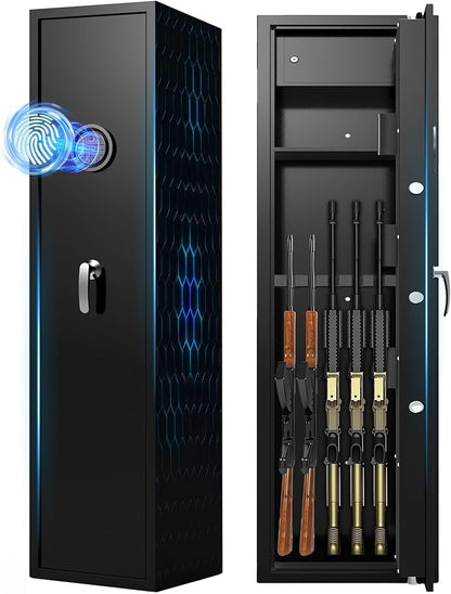 Marcree Biometric Gun Safe, 5-7 Quick Access Rifle Safe with Inner Lock Box, Shotgun Safe with Digital Keypad, Assembled Gun Cabinet with Removable Shelf for Home Bedroom, LED Light, Fingerprint Lock