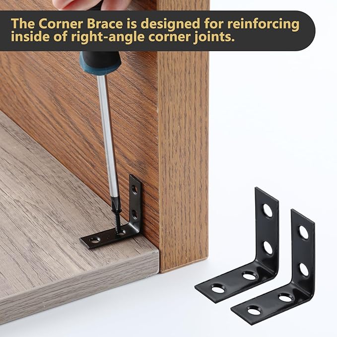 HOME MASTER HARDWARE L Bracket Corner Brace Sets, 1-1/2 " Right Angle Bracket, Metal L Brackets for Shelves Wood Furniture Frame with Screws 20 Pack,Black