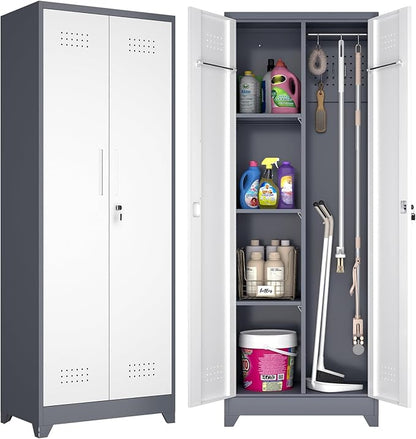GREATMEET 65" H Broom Closet, Broom Closet Cabinet with Pegboard and Hanging Rod, Cleaning Tool Storage Cabinet, Tall Metal Utility Closets with Locking Doors for Bathroom, Garage