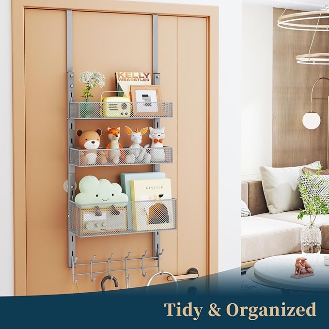 Consumest Over The Door Hooks Organizer - 4 Tier Door Coat Rack with 3 Baskets and 12 Hooks, Stainless Steel Towel Hanger for Bedroom, Bathroom, Living Room, Silver