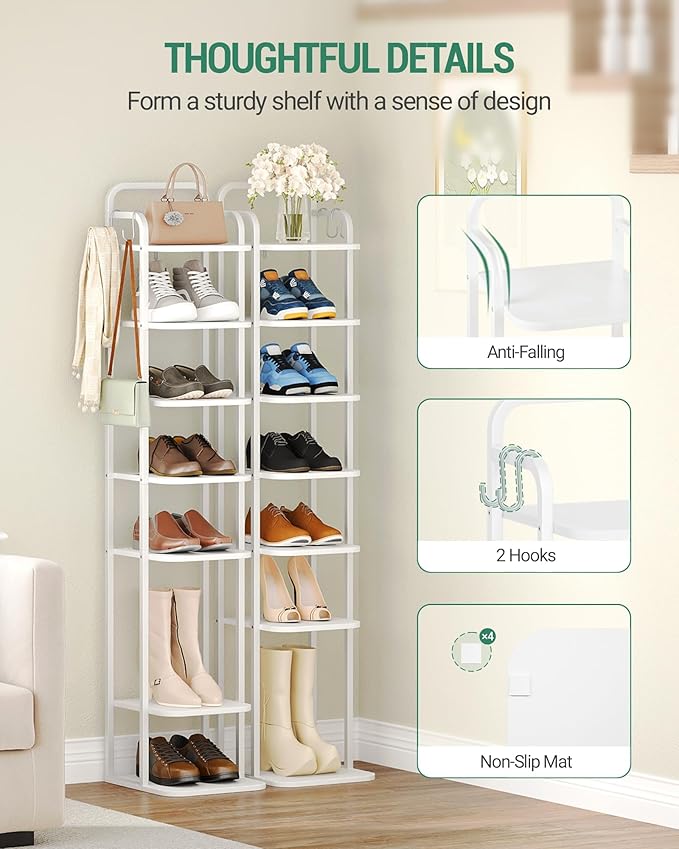 8 Tiers Vertical Shoe Rack, Narrow Shoe Tower, Tall Shoes Shelf with 2 Hooks, Adjustable Shelves, Corner Shoes Shelves for Small Spaces, Entryway, Living Room, White SR04313W