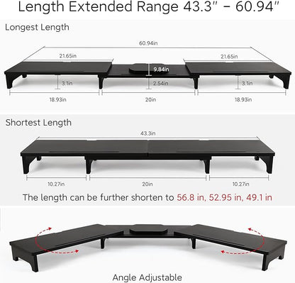Nnewvante Monitor Stand Riser, 60 inch Large Bamboo Dual Monitor Stand for Desk, 3 Shelves Desktop Screen Riser with Adjustable Length Angle for Computer Laptop PC,Black