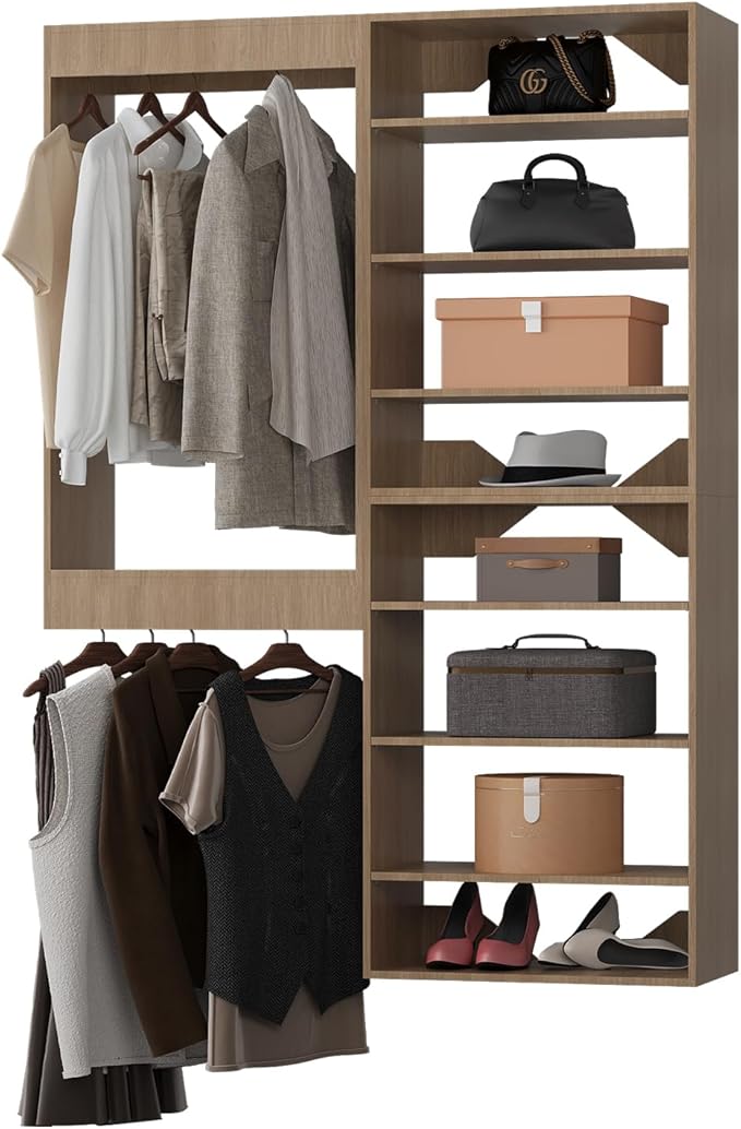 ROOMTEC Modular Closet System, 40" Wall-Mounted Closet Organizer with Hanging Rods and Shelves, Wooden Tower for Walk-In Closets, Wardrobe Storage Kit, Wood