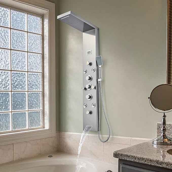 POPFLY LED Rainfall Waterfall Shower Panel Tower System, 4 Body Jets and 4 Mist Spray, 3-Function Handheld Shower, 304 Stainless Steel Shower Tower with Temp Display, Brushed