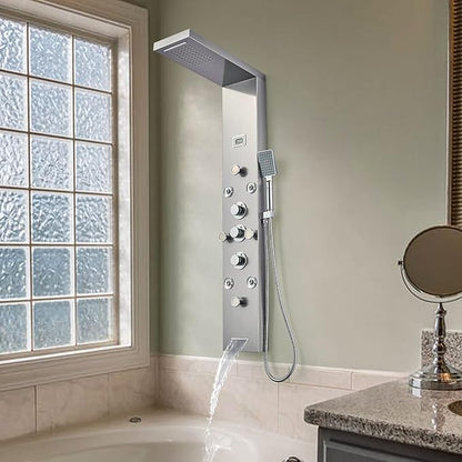 POPFLY LED Rainfall Waterfall Shower Panel Tower System, 4 Body Jets and 4 Mist Spray, 3-Function Handheld Shower, 304 Stainless Steel Shower Tower with Temp Display, Brushed