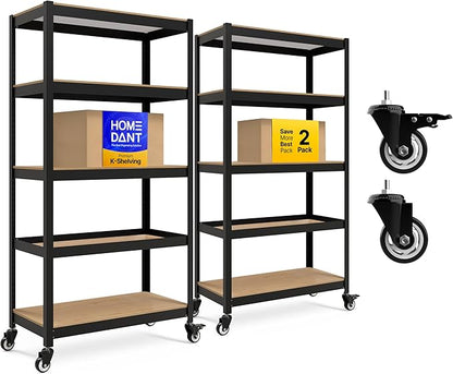 HOMEDANT House 5 Tier Heavy Duty Garage Shelving Adjustable Metal Rack Storage Shelves Standing Shelf Unit Organizers Pantry Closet Office (2, Black, (Wheels) 36.2" W x 16.2" D)