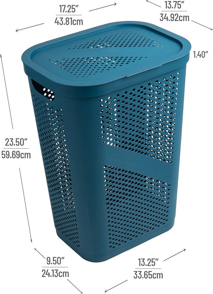 Mind Reader Slim Laundry Hamper with Lid, 60L Clothes Basket, Ventilated Plastic, Blue