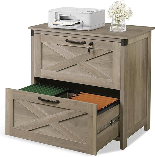 DEVAISE 2 Drawer File Cabinet, Lateral Wood Filing Storage Cabinet with Lock, Farmhouse Printer Stand for Home Office Fits Letter/Legal/A4 Size, Gray Oak