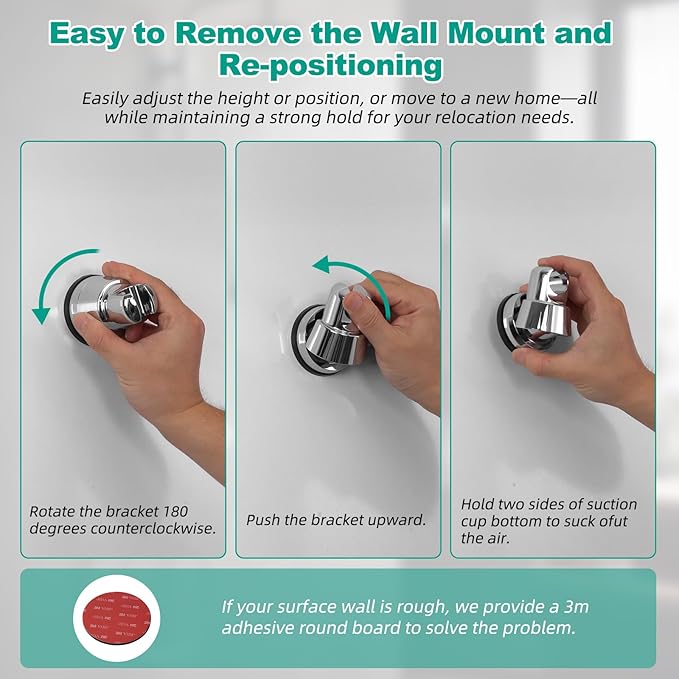 Hibbent Vacuum Suction Cup Shower Head Holder, Removable Shower Wand Bracket, Adjustable Height & Wall Mount ABS Plastic Suction Holder for Handheld Shower Head, Chrome Finish
