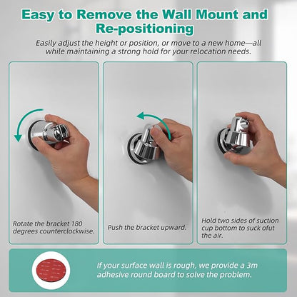 Hibbent Vacuum Suction Cup Shower Head Holder, Removable Shower Wand Bracket, Adjustable Height & Wall Mount ABS Plastic Suction Holder for Handheld Shower Head, Chrome Finish
