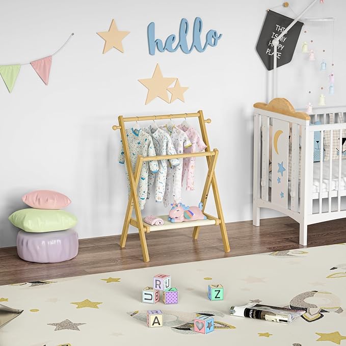 Baby Clothing Rack for Baby Shower Pets Dolls, Baby Clothes Rack with Storage Shelf & Double Rods, Toddler Clothes Rack, Mini Closet Baby Shower Rack (Natural)