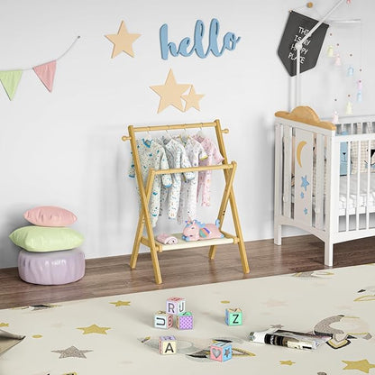 Baby Clothing Rack for Baby Shower Pets Dolls, Baby Clothes Rack with Storage Shelf & Double Rods, Toddler Clothes Rack, Mini Closet Baby Shower Rack (Natural)