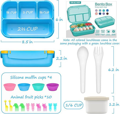 QQKO Bento Lunch Box for Kids Girls Boys, Toddler Kids Lunch Boxes for School, Lunch Containers for Adults with 4 Compartments, Sauce Container, Utensils, Food Picks and Muffin Cups, Blue