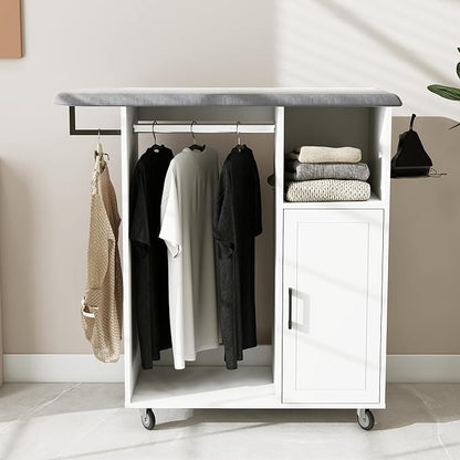 Rolling Ironing Board with Storage, Ironing Cart with Iron Holder and Coat Hanger, Multipurpose Ironing Cabinet with Wheels, Suitable for Laundry Room, Bedroom, Coat and hat, White
