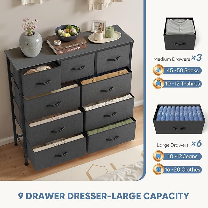 DUMOS 9 Drawer Dresser, Fabric Storage Organizer with Sturdy Metal Frame and Wooden Top, Modern Chest of Drawers for Bedroom Closet Entryway,Grey