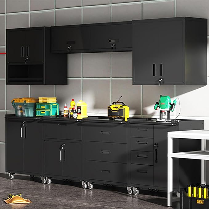 Black Garage Storage Cabinets System 8PCS Workshop Set with Drawers Locking Heavy Duty Rolling Cart with Adjustable Shelves Garage Tool Workbench Cabinets