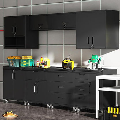 Black Garage Storage Cabinets System 6 PCS Workshop Set with Drawers Locking Heavy Duty Rolling Cart with Adjustable Shelves Garage Tool Workbench Cabinets